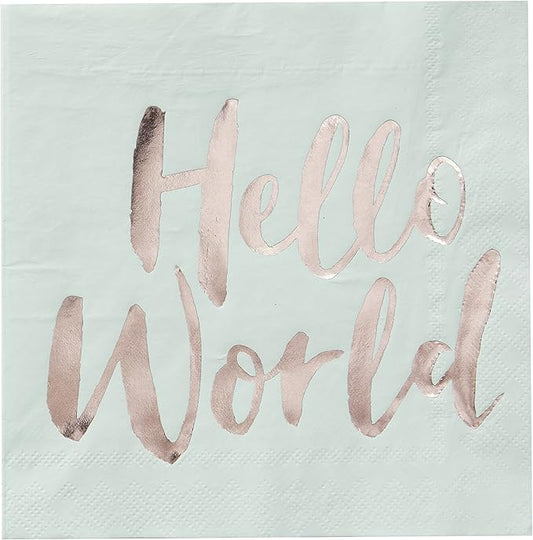 Hello World Mint & Rose Gold Baby Shower Paper Napkins Pack of 20