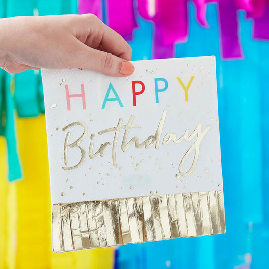 Happy Birthday Fringed Gold Napkins Pack of 16