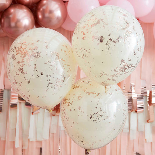 Double Layered Cream and Rose Gold Confetti Balloons Pack of 3