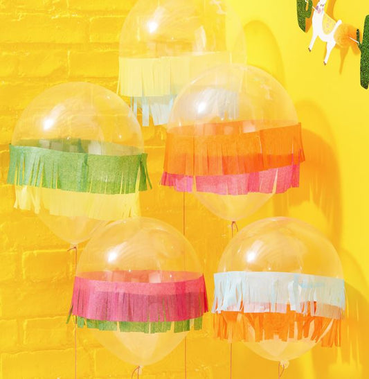 Viva Fiesta Clear Latex Balloons With Tissue Fringes Pack of 5